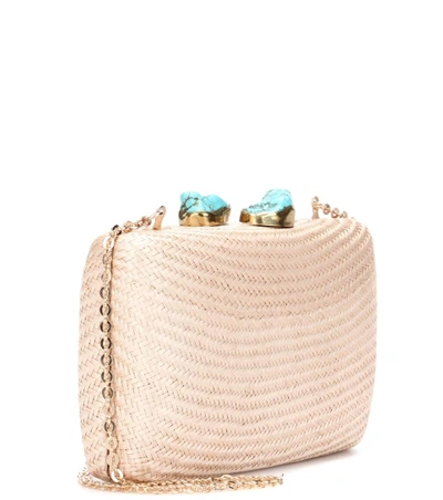 Shop Kayu Jen Embellished Straw Box Clutch In Toast With Turquoise