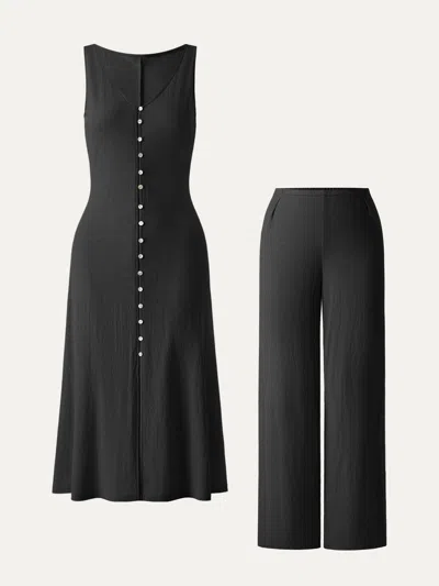 Oglmove 2pcs Set V-neck Button Front Midi Vest Dress & Mid Rise Straight Leg Pant In Black