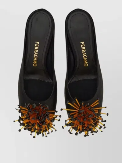 Ferragamo Black Heeled Sandals With Crystal Decoration On The Front In Fabric For Women