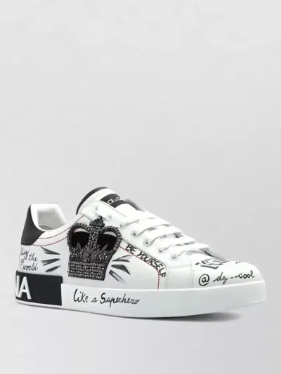 Dolce & Gabbana White Low Top Sneakers With Logo Patch On The Tongue And All-over Print In Leather Man In Multi