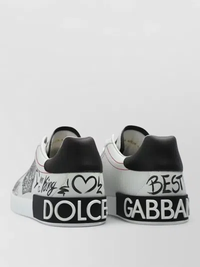 Dolce & Gabbana White Low Top Sneakers With Logo Patch On The Tongue And All-over Print In Leather Man In Multi