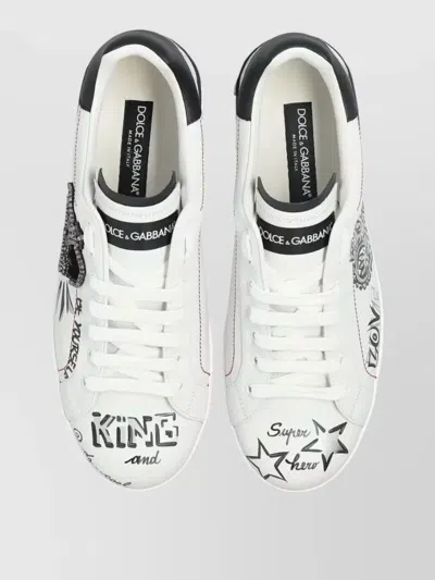Dolce & Gabbana White Low Top Sneakers With Logo Patch On The Tongue And All-over Print In Leather Man In Multi