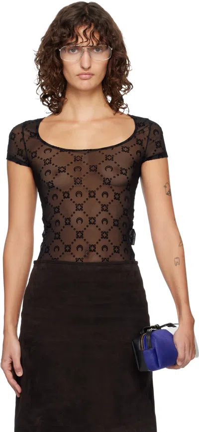 Marine Serre Wide Neck Black T-shirt With Tone-on-tone Velvet Logo In Black