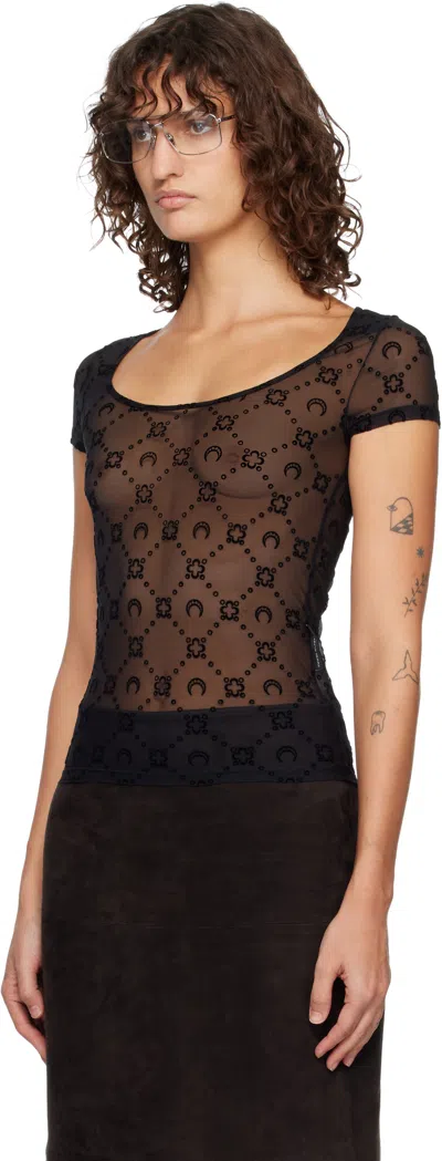 Marine Serre Wide Neck Black T-shirt With Tone-on-tone Velvet Logo In Black