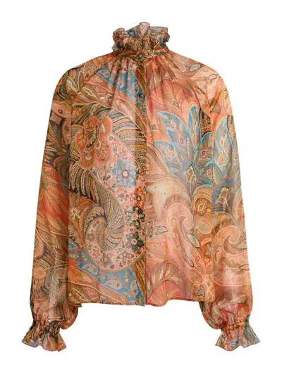 Etro Sheer Chiffon Shirt Paisley Ruffle Neckline In Orange