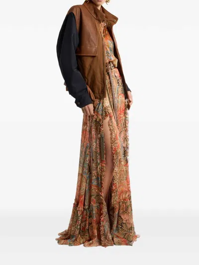 Etro Sheer Chiffon Shirt Paisley Ruffle Neckline In Orange