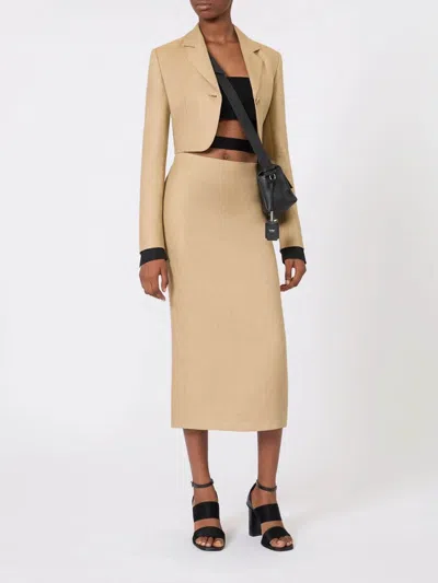 Max Mara Buono Diagonal Cropped Jacket In Camel Linen In Blue