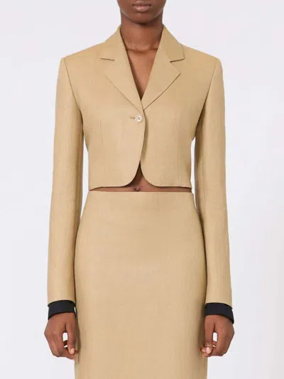 Max Mara Buono Diagonal Cropped Jacket In Camel Linen In Blue