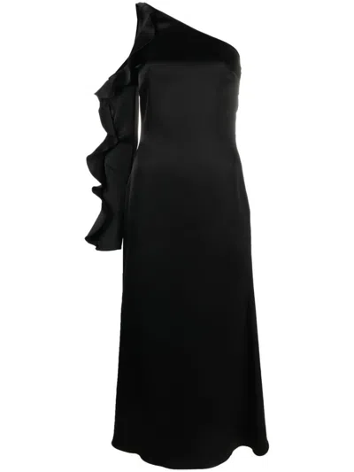 David Koma One Shoulder Midi Dress With Ruffle Detail In Black