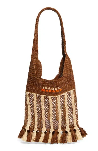 Isabel Marant Handwoven Raffia Tote Bag With Fringe And Logo Detail In Brown