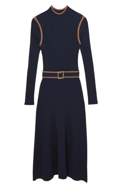 Reiss Womens Navy Camel Ella Colour-block Stretch-knit Midi Dress Xs In Blue