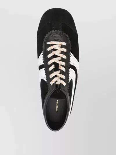 Dries Van Noten White Leather Striped Suede Sneakers In Black