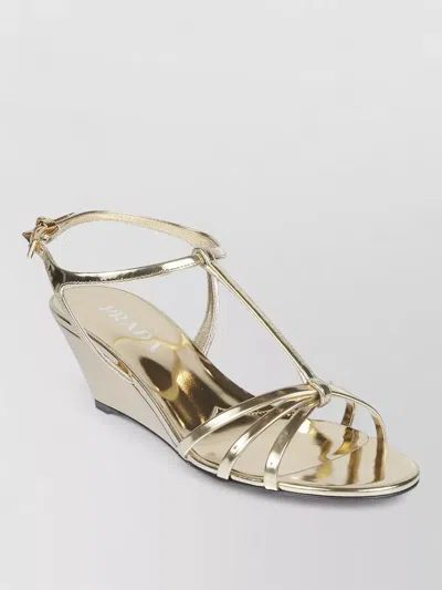 Prada Metallic Wedge Sandals Ankle Strap Open Toe In Multi