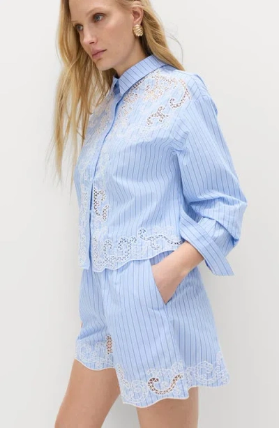 M&s Stripe Embroidered Button-up Shirt In Blue