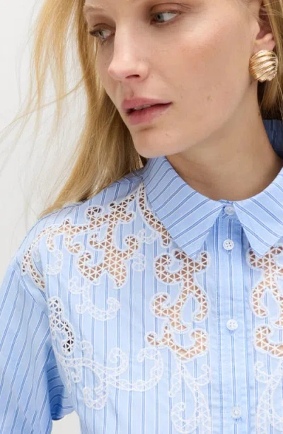 M&s Stripe Embroidered Button-up Shirt In Blue