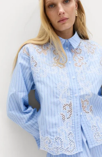 M&s Stripe Embroidered Button-up Shirt In Blue