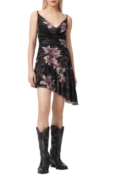 Allsaints Polyester Bea Asymmetric Mesh Mini Dress In Black