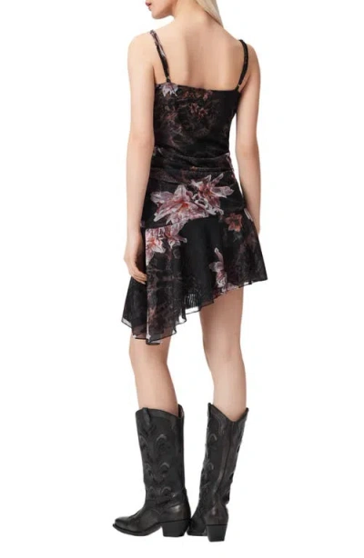 Allsaints Polyester Bea Asymmetric Mesh Mini Dress In Black