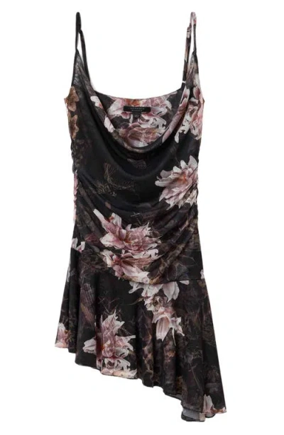 Allsaints Polyester Bea Asymmetric Mesh Mini Dress In Black