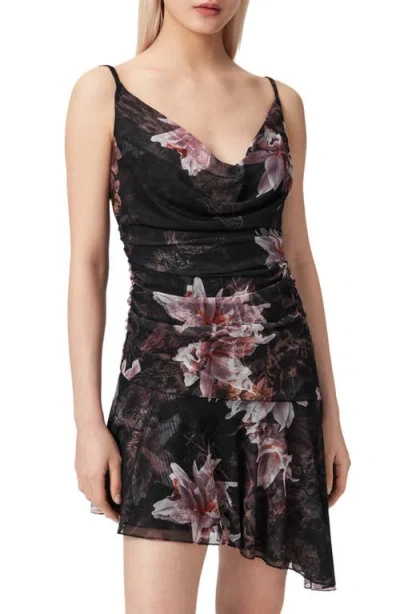 Allsaints Polyester Bea Asymmetric Mesh Mini Dress In Black