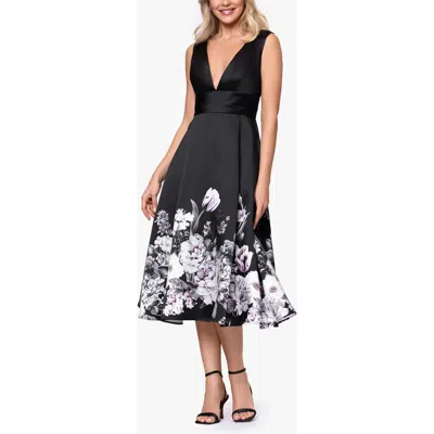 Betsy & Adam Floral Border Plunge Neck Cocktail Midi Dress In Black