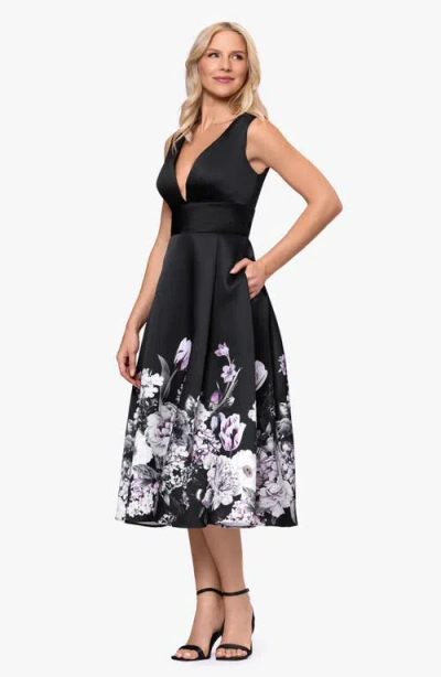 Betsy & Adam Floral Border Plunge Neck Cocktail Midi Dress In Black