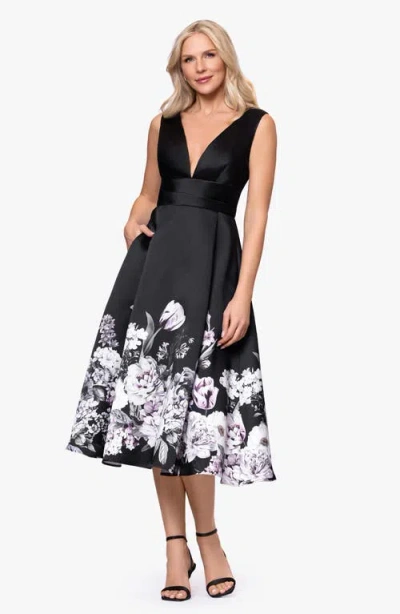 Betsy & Adam Floral Border Plunge Neck Cocktail Midi Dress In Black