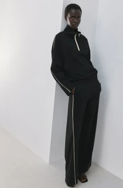 Mango Side Piped Knit Wide Leg Pants In Black