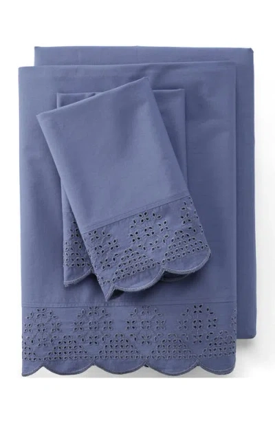 Lands' End 300 Thread Count Cotton Percale Eyelet Bed Sheet Set In Blue