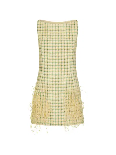 Oscar De La Renta Sequin-embellished Feather-trimmed Checked Cotton-blend Tweed Mini Dress In Yellow
