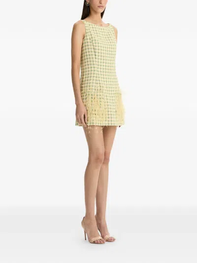 Oscar De La Renta Sequin-embellished Feather-trimmed Checked Cotton-blend Tweed Mini Dress In Yellow