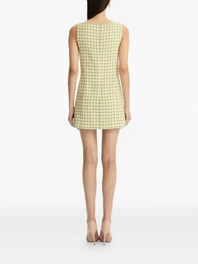 Oscar De La Renta Sequin-embellished Feather-trimmed Checked Cotton-blend Tweed Mini Dress In Yellow