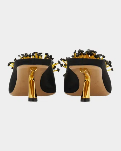 Ferragamo Black Sandals With Low Heel And Crystal Embellishment On The Front In Fabric Woman