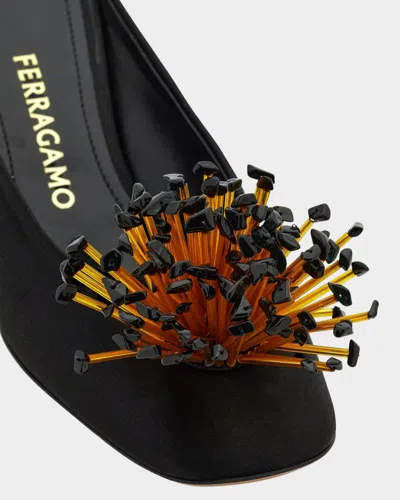 Ferragamo Black Sandals With Low Heel And Crystal Embellishment On The Front In Fabric Woman