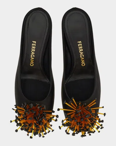 Ferragamo Black Sandals With Low Heel And Crystal Embellishment On The Front In Fabric Woman
