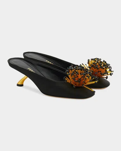 Ferragamo Black Sandals With Low Heel And Crystal Embellishment On The Front In Fabric Woman