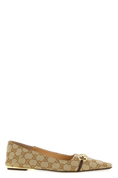 Gucci Vittoria Horsebit-detail Gg-pattern Ballet Flats In Neutral