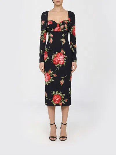 Dolce & Gabbana Rose-print Satin Long-sleeve Midi Dress In Black