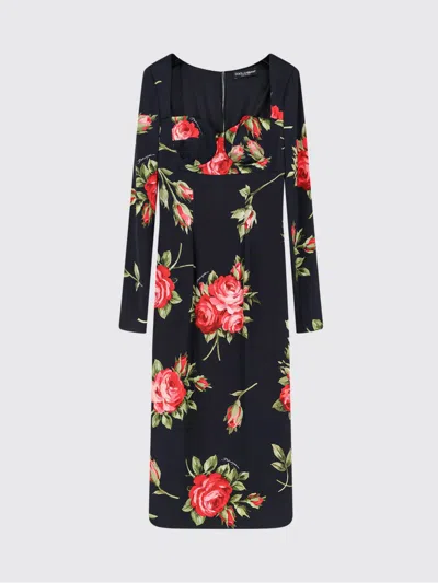 Dolce & Gabbana Rose-print Satin Long-sleeve Midi Dress In Black