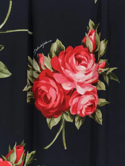 Dolce & Gabbana Rose-print Satin Long-sleeve Midi Dress In Black
