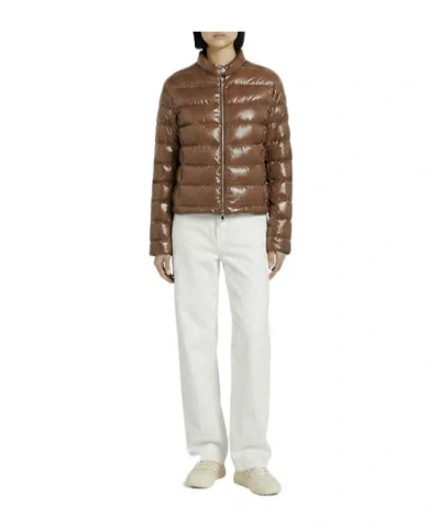 Moncler Papillon Short Down Jacket With Glossy Finish In Brown