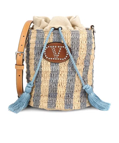 Valentino Garavani Small Bucket Bag In Raffia With Beige And Light Blue Stripes In Multi