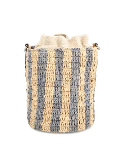 Valentino Garavani Small Bucket Bag In Raffia With Beige And Light Blue Stripes In Multi