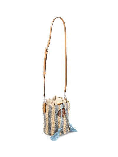 Valentino Garavani Small Bucket Bag In Raffia With Beige And Light Blue Stripes In Multi