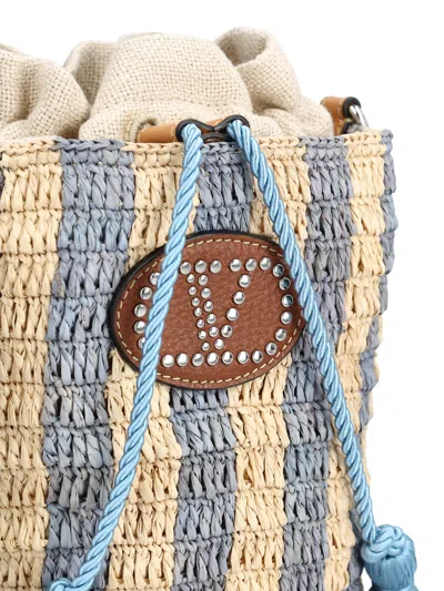 Valentino Garavani Small Bucket Bag In Raffia With Beige And Light Blue Stripes In Multi