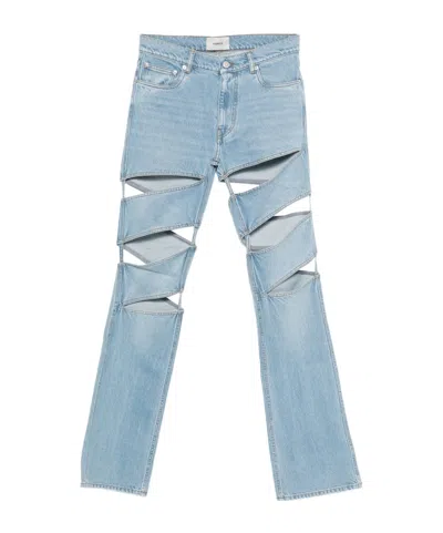 Coperni Light Blue Jeans With Cut-out Spiral Design And Logo Patch On The Rear In Denim Woman In Blue