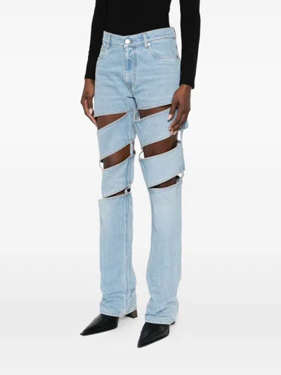 Coperni Light Blue Jeans With Cut-out Spiral Design And Logo Patch On The Rear In Denim Woman In Blue