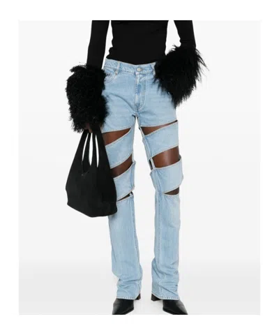 Coperni Light Blue Jeans With Cut-out Spiral Design And Logo Patch On The Rear In Denim Woman In Blue