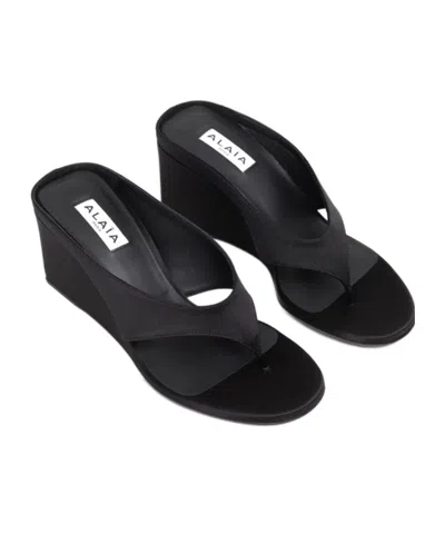Alaïa Alaia Black Suede Goat Leather Wedge Thong Mules In Black