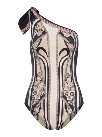 La Doublej One-shoulder Swimsuit With Ornamental Print In Neutral